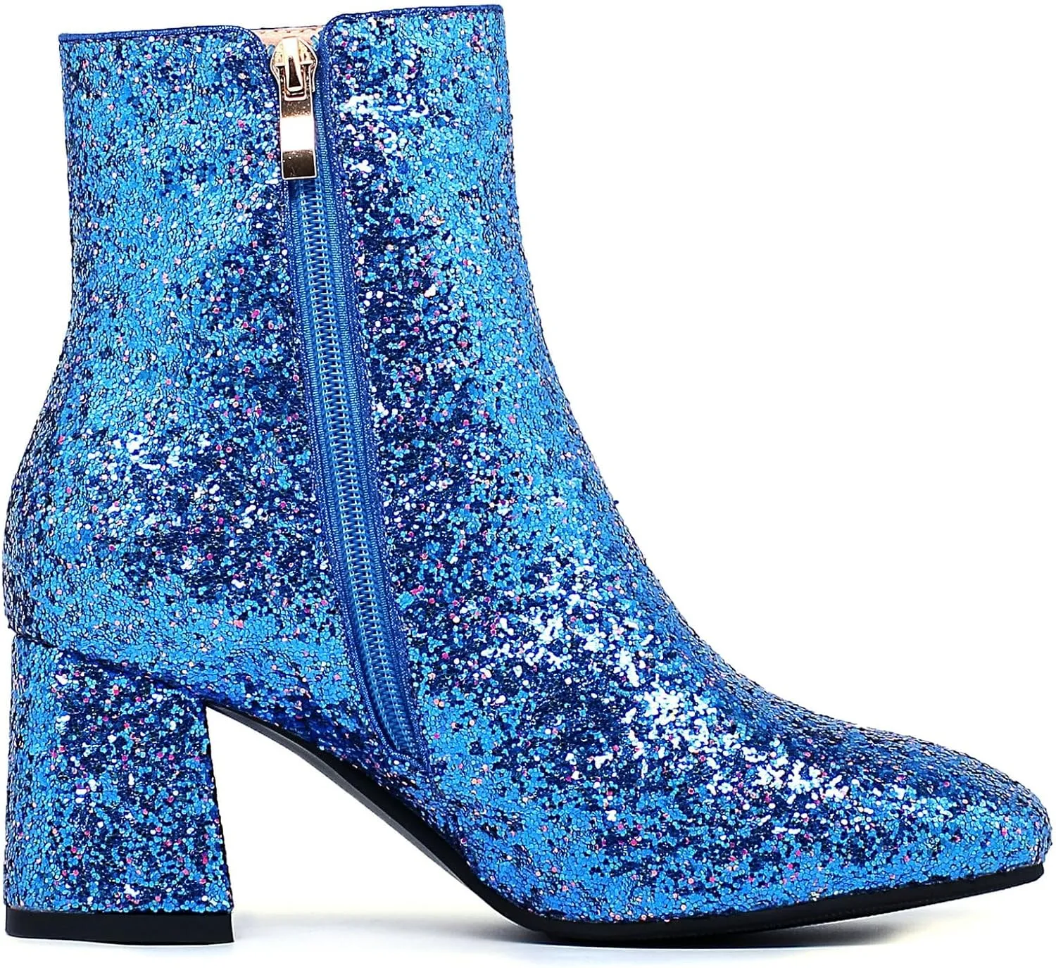 LUXMAX Women Glitter Ankle Boots Chunky Heel Square Closed Toe Sparkly Booties Block Heel Side Zip Winter Party Shoes