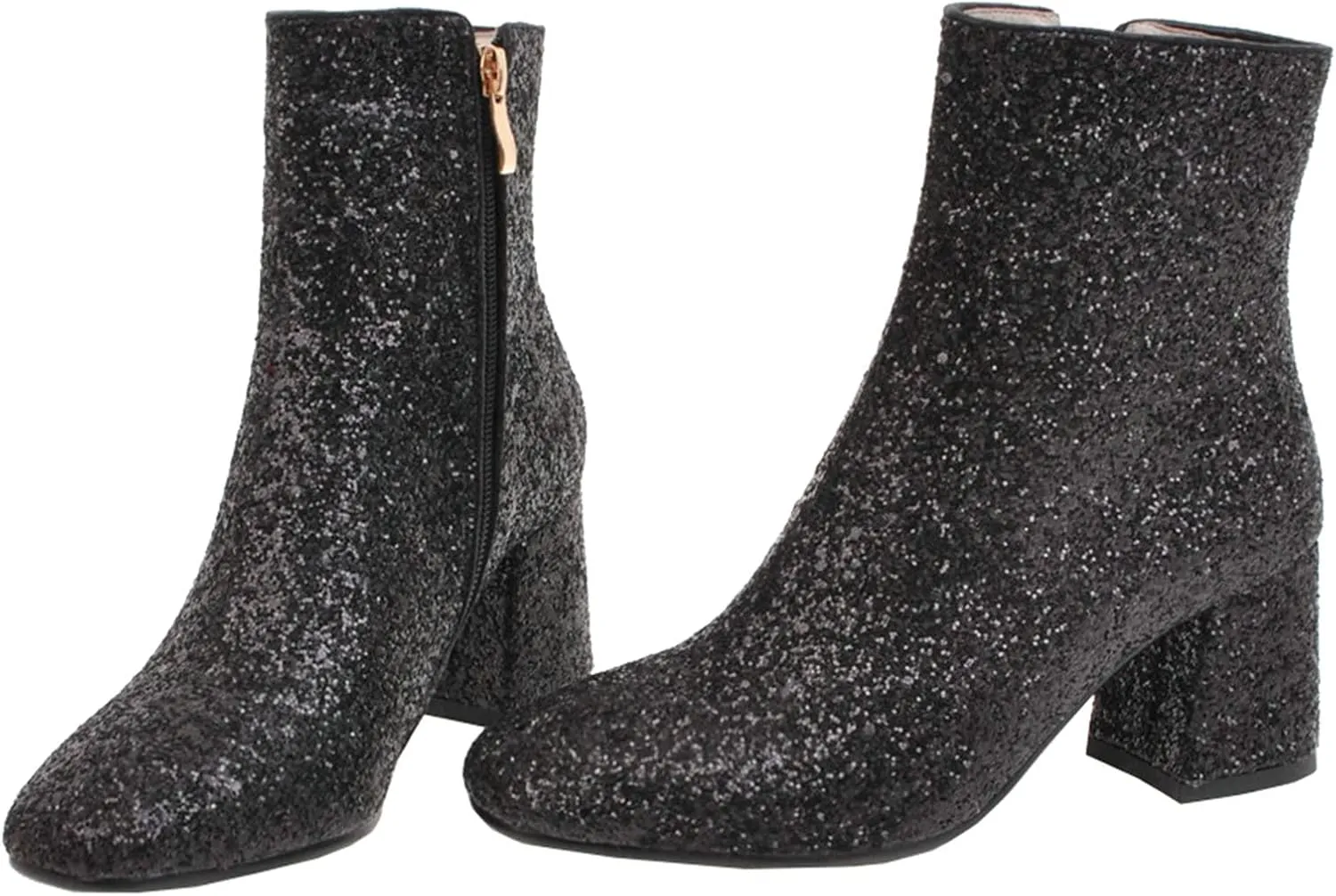 LUXMAX Women Glitter Ankle Boots Chunky Heel Square Closed Toe Sparkly Booties Block Heel Side Zip Winter Party Shoes