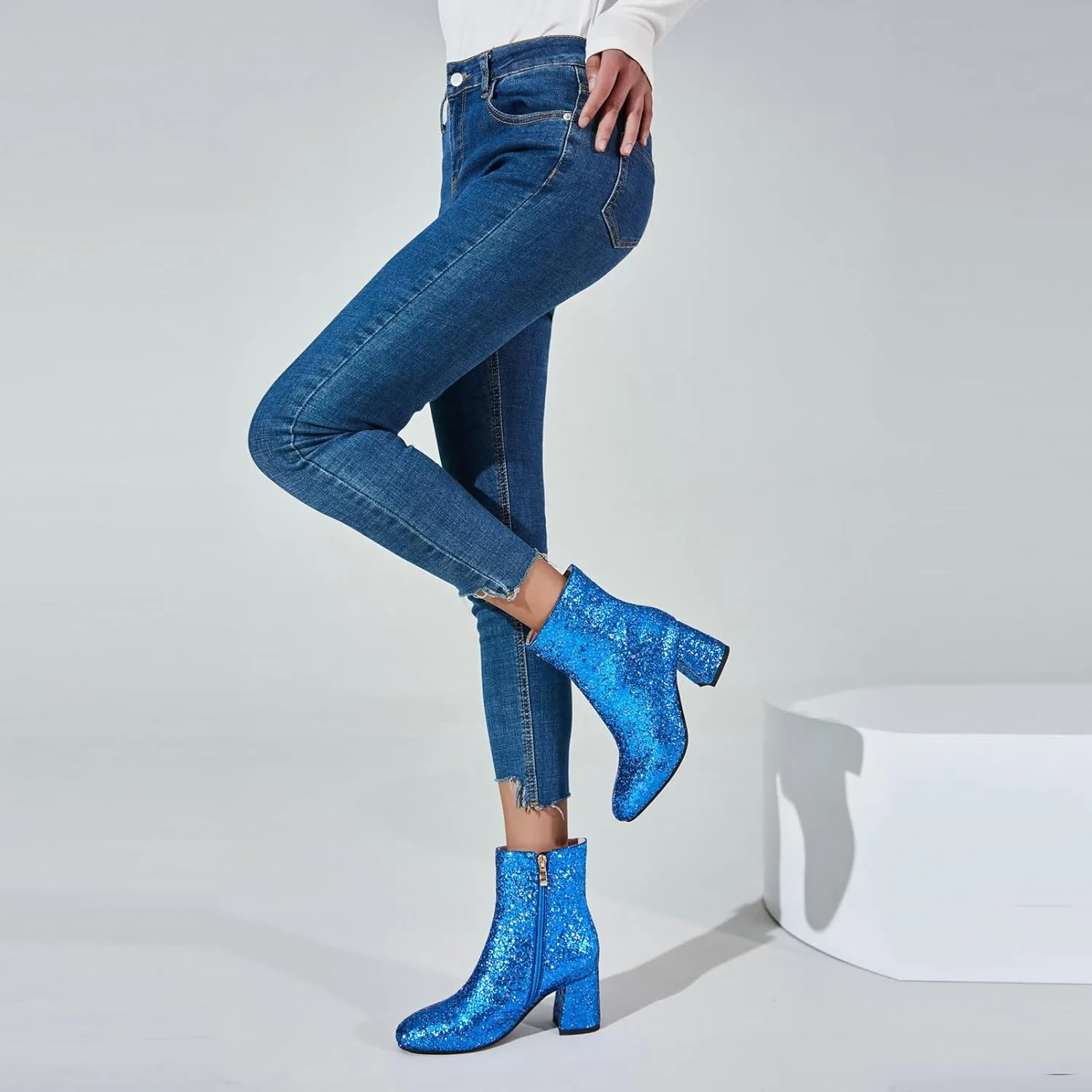 LUXMAX Women Glitter Ankle Boots Chunky Heel Square Closed Toe Sparkly Booties Block Heel Side Zip Winter Party Shoes