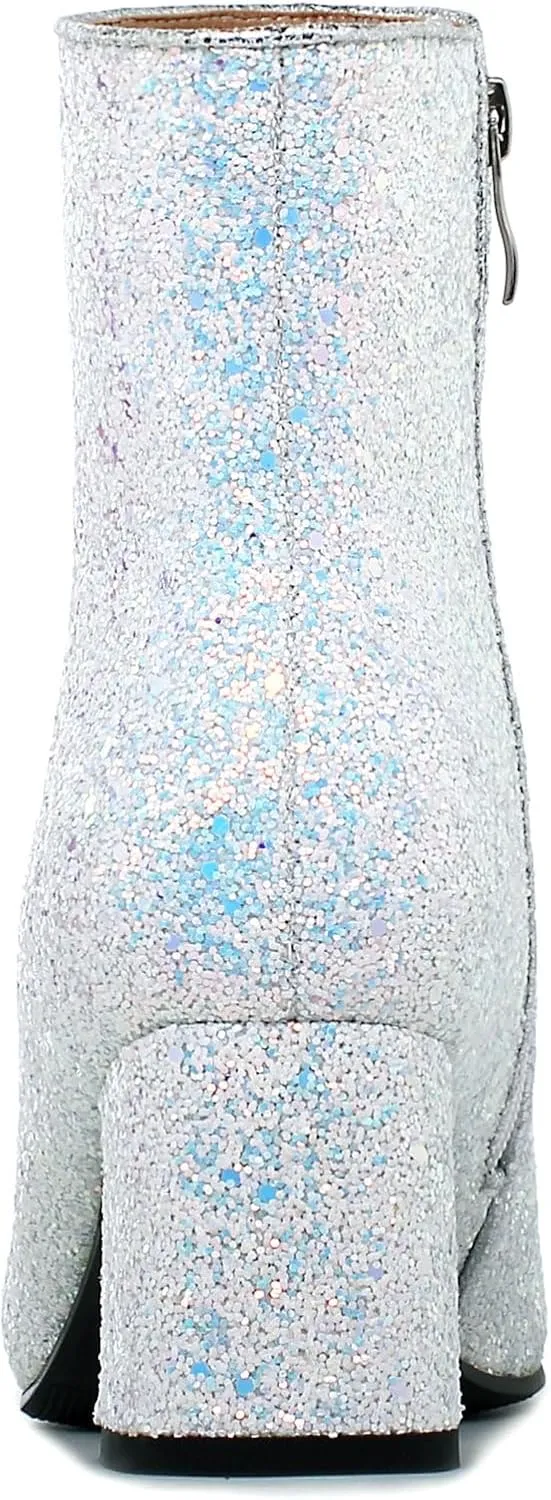 LUXMAX Women Glitter Ankle Boots Chunky Heel Square Closed Toe Sparkly Booties Block Heel Side Zip Winter Party Shoes