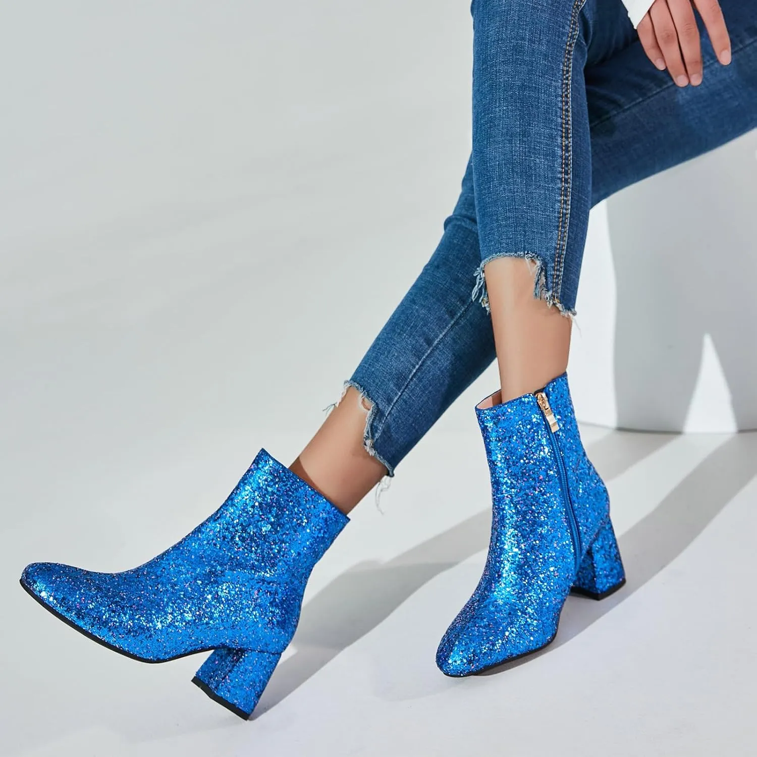 LUXMAX Women Glitter Ankle Boots Chunky Heel Square Closed Toe Sparkly Booties Block Heel Side Zip Winter Party Shoes