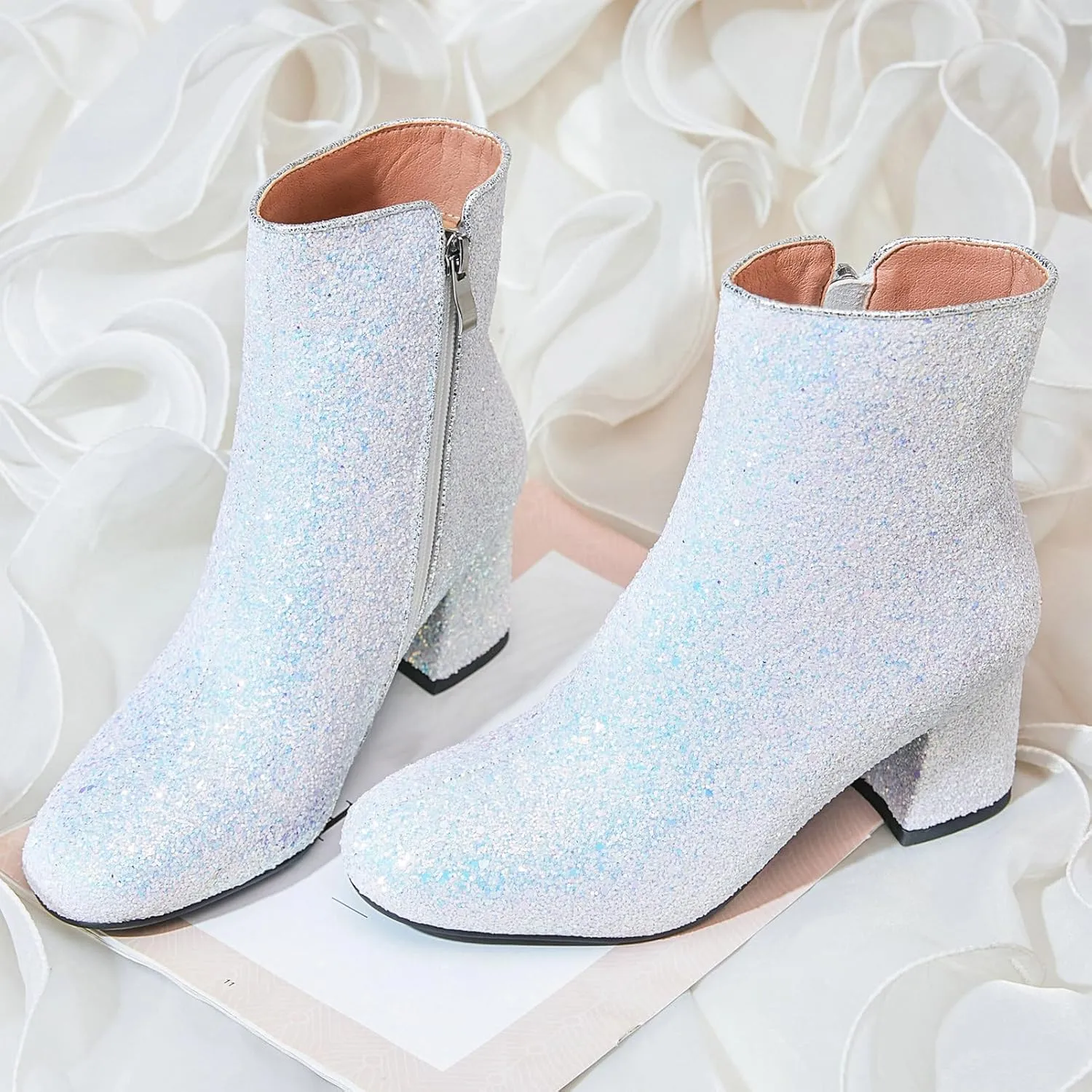 LUXMAX Women Glitter Ankle Boots Chunky Heel Square Closed Toe Sparkly Booties Block Heel Side Zip Winter Party Shoes