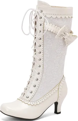 LUXMAX Women Gothic Victorian Boots Low Kitten Heel Mid Calf Boots Lace Up Cute Bow Boots for Ladies Witch Shoes