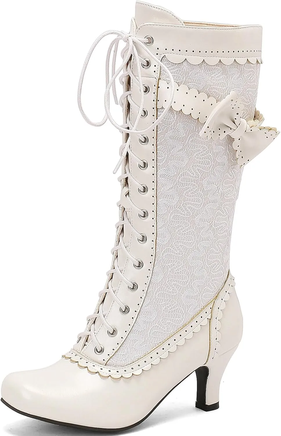 LUXMAX Women Gothic Victorian Boots Low Kitten Heel Mid Calf Boots Lace Up Cute Bow Boots for Ladies Witch Shoes