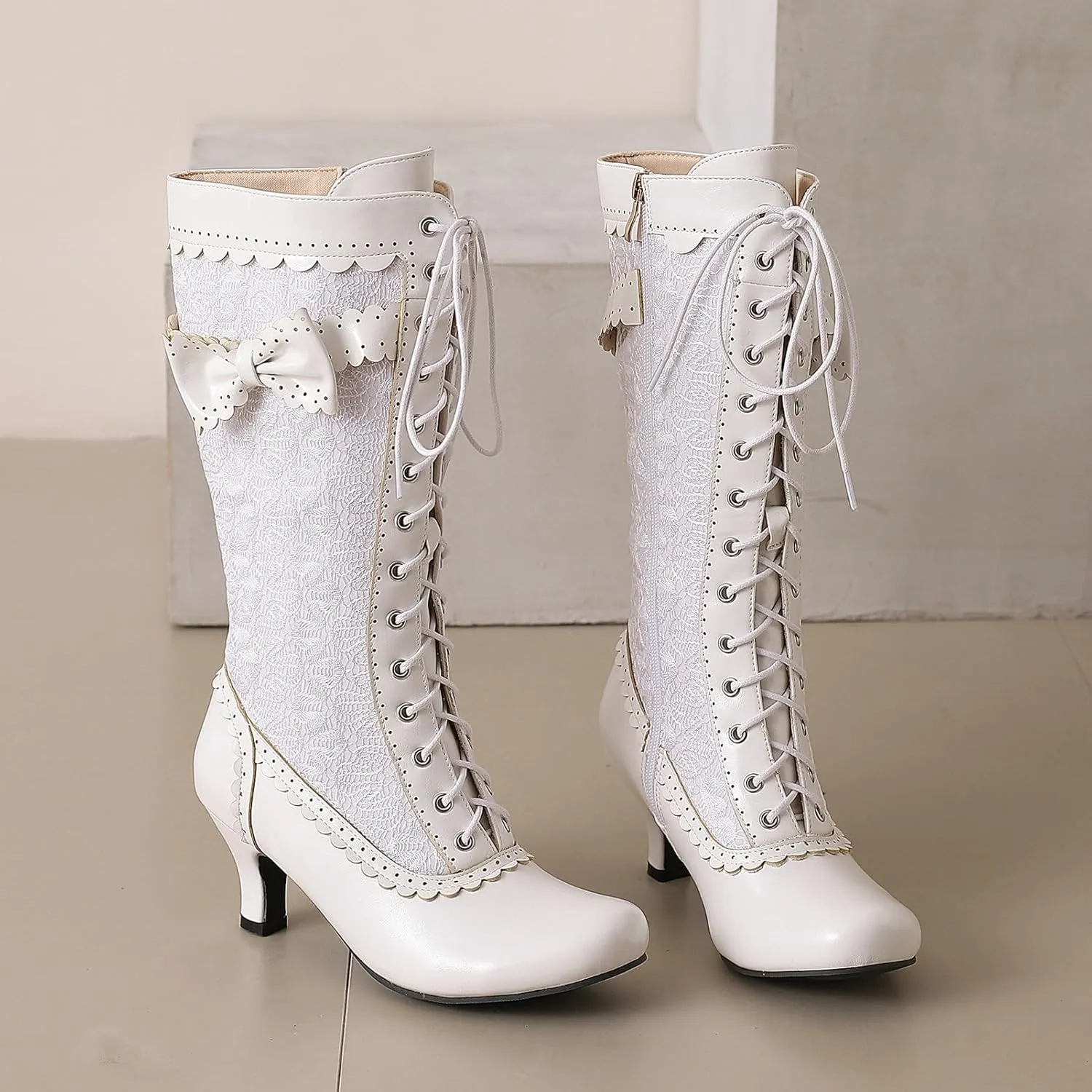 LUXMAX Women Gothic Victorian Boots Low Kitten Heel Mid Calf Boots Lace Up Cute Bow Boots for Ladies Witch Shoes