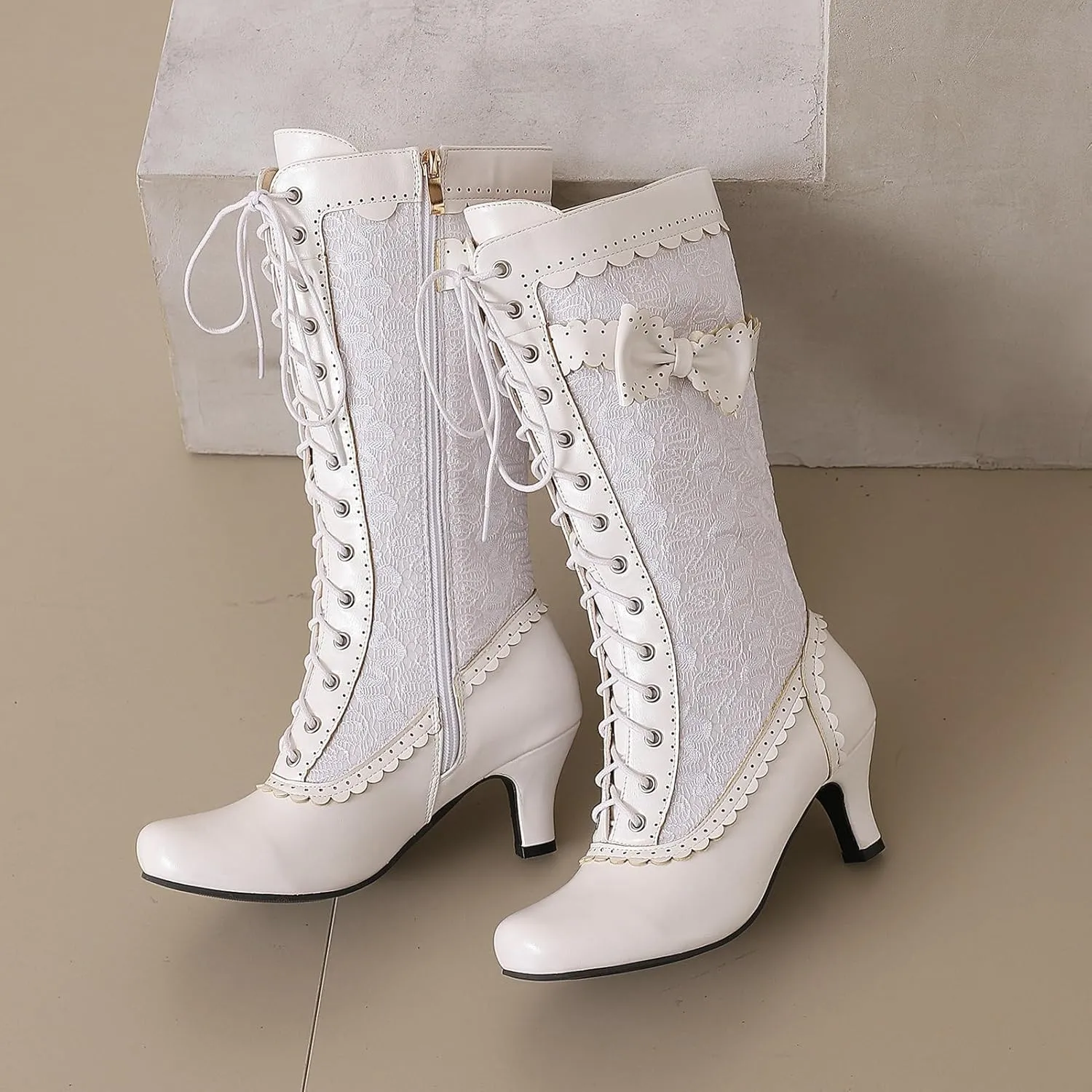 LUXMAX Women Gothic Victorian Boots Low Kitten Heel Mid Calf Boots Lace Up Cute Bow Boots for Ladies Witch Shoes