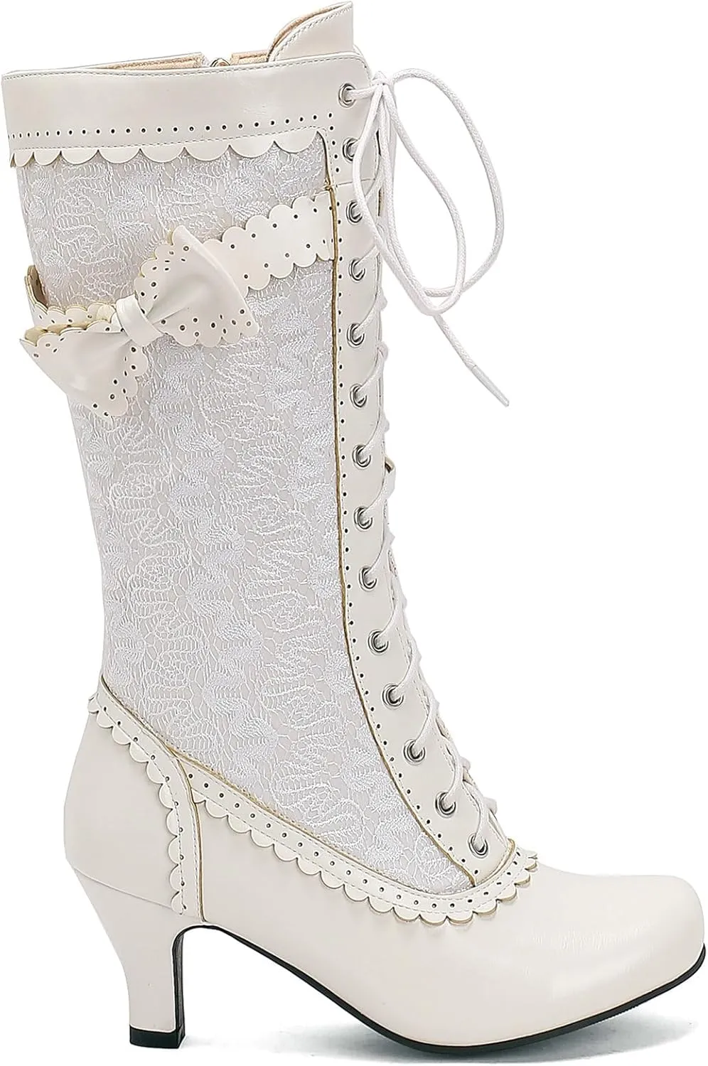 LUXMAX Women Gothic Victorian Boots Low Kitten Heel Mid Calf Boots Lace Up Cute Bow Boots for Ladies Witch Shoes