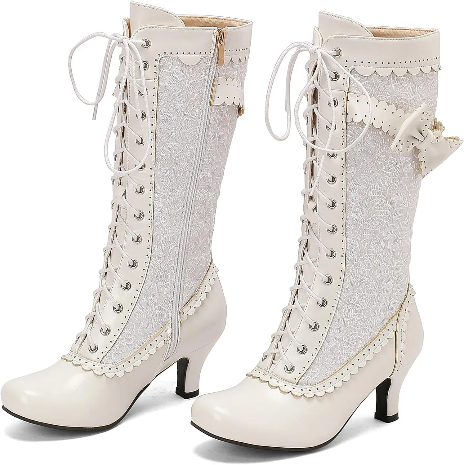 LUXMAX Women Gothic Victorian Boots Low Kitten Heel Mid Calf Boots Lace Up Cute Bow Boots for Ladies Witch Shoes