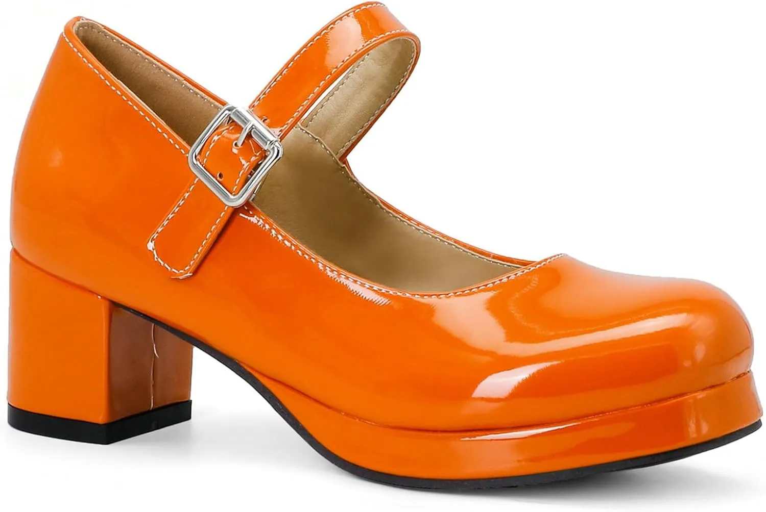LUXMAX Women Patent Leather Mary Janes Block Heel Platform Pumps Ankle Strap Buckle Chunky Heel Pumps Closed Square Toe Dress Shoes