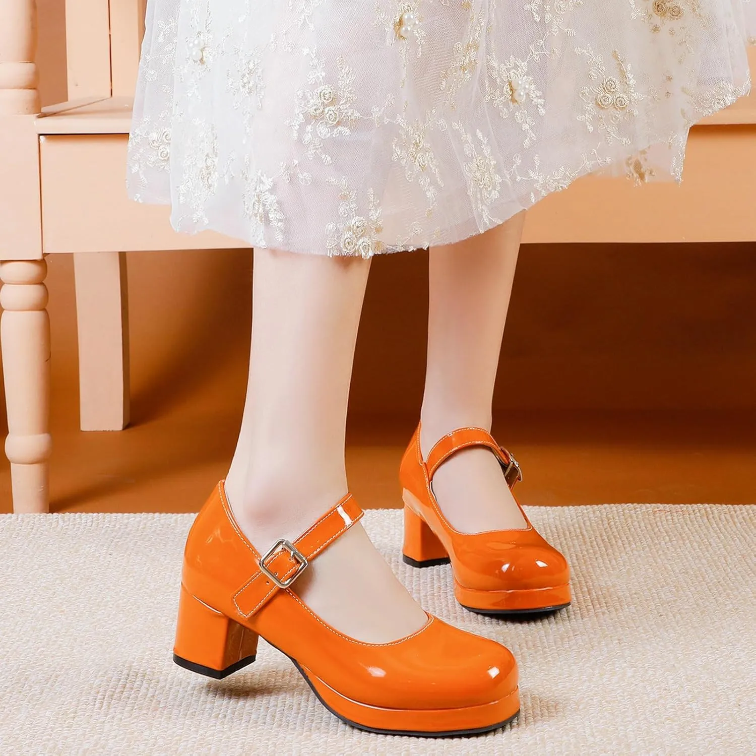LUXMAX Women Patent Leather Mary Janes Block Heel Platform Pumps Ankle Strap Buckle Chunky Heel Pumps Closed Square Toe Dress Shoes