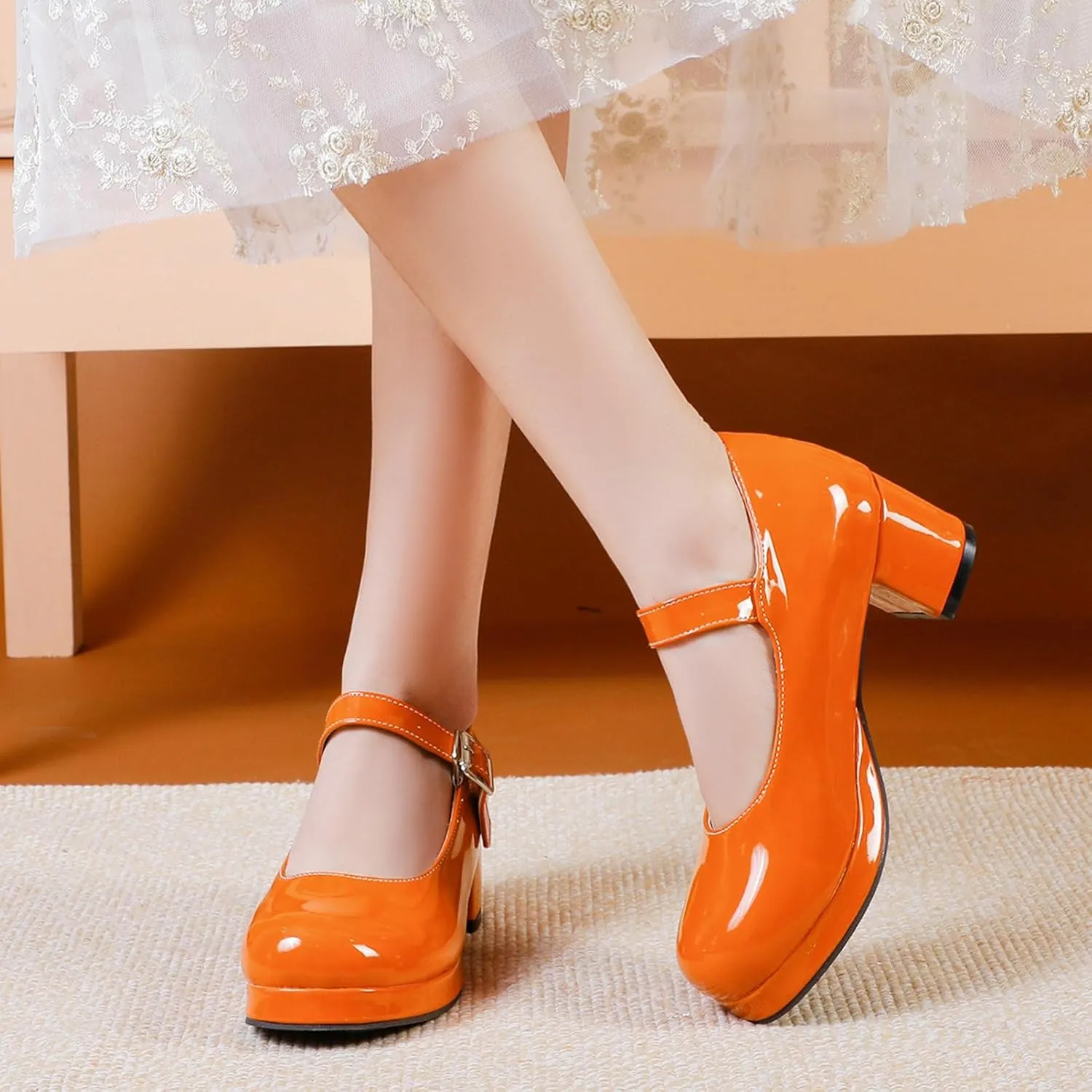 LUXMAX Women Patent Leather Mary Janes Block Heel Platform Pumps Ankle Strap Buckle Chunky Heel Pumps Closed Square Toe Dress Shoes