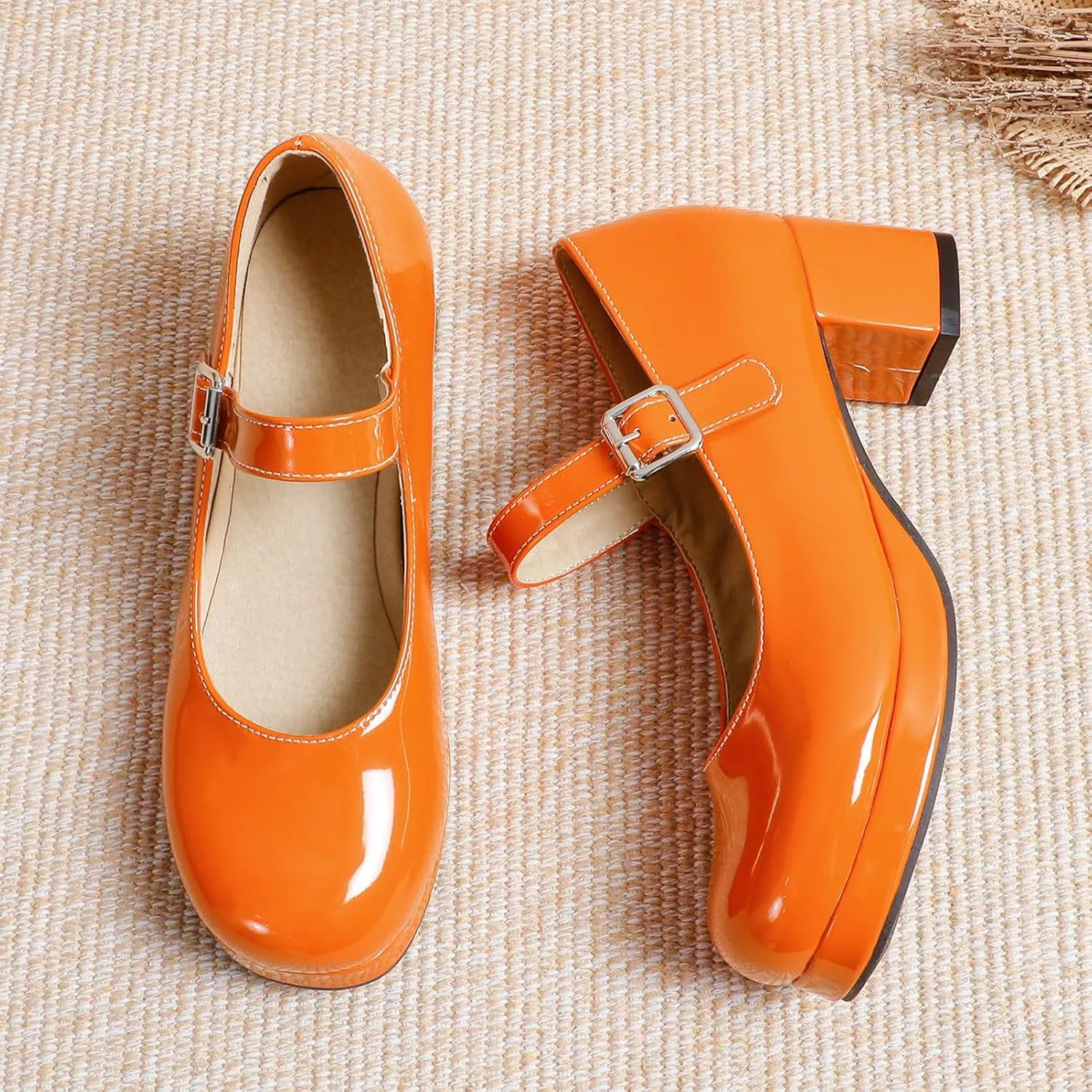 LUXMAX Women Patent Leather Mary Janes Block Heel Platform Pumps Ankle Strap Buckle Chunky Heel Pumps Closed Square Toe Dress Shoes