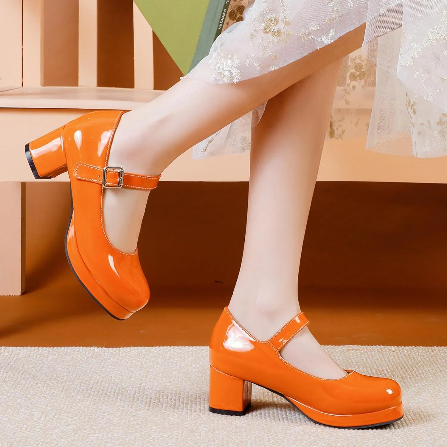 LUXMAX Women Patent Leather Mary Janes Block Heel Platform Pumps Ankle Strap Buckle Chunky Heel Pumps Closed Square Toe Dress Shoes