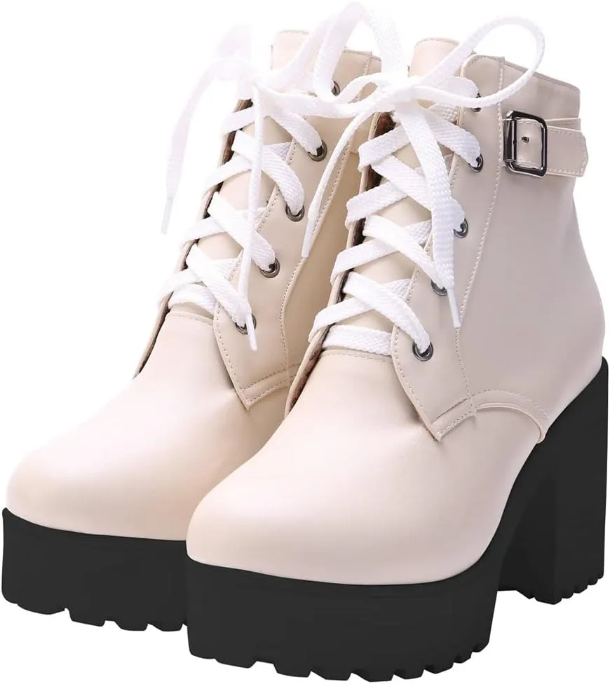 LUXMAX Women Platform Lace Up Ankle Boots Block High Heel Winter Booties