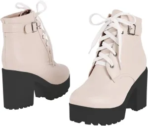 LUXMAX Women Platform Lace Up Ankle Boots Block High Heel Winter Booties