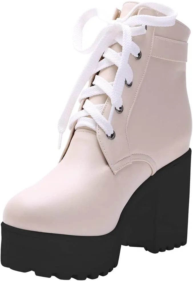 LUXMAX Women Platform Lace Up Ankle Boots Block High Heel Winter Booties