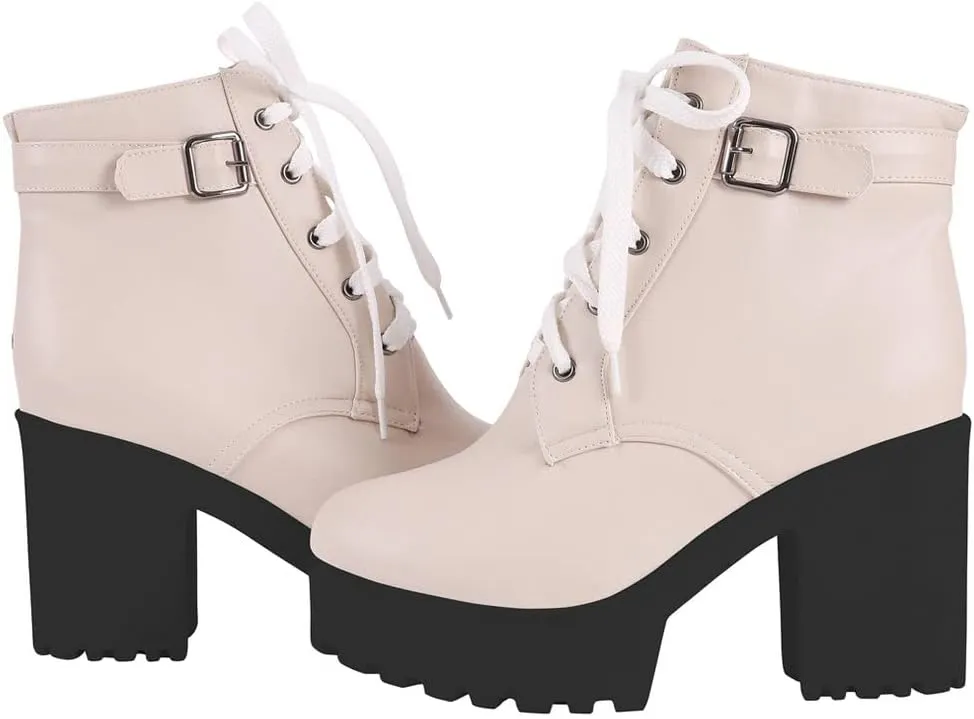 LUXMAX Women Platform Lace Up Ankle Boots Block High Heel Winter Booties