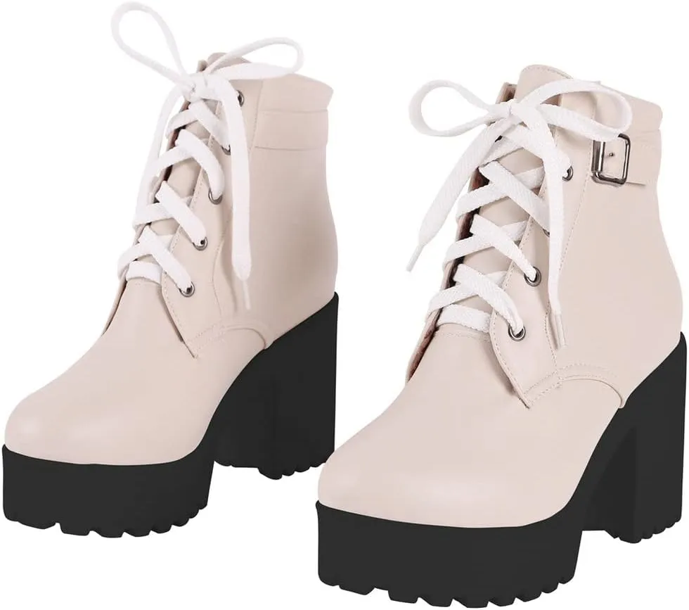 LUXMAX Women Platform Lace Up Ankle Boots Block High Heel Winter Booties