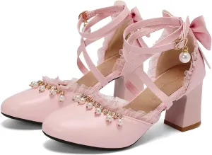 LUXMAX Womens Bow Pumps Cross Strap Block Heel Cute Cosplay Shoes