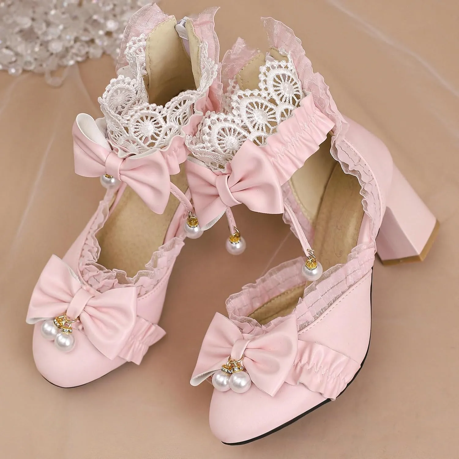LUXMAX Womens Bow Pumps Cross Strap Block Heel Cute Cosplay Shoes