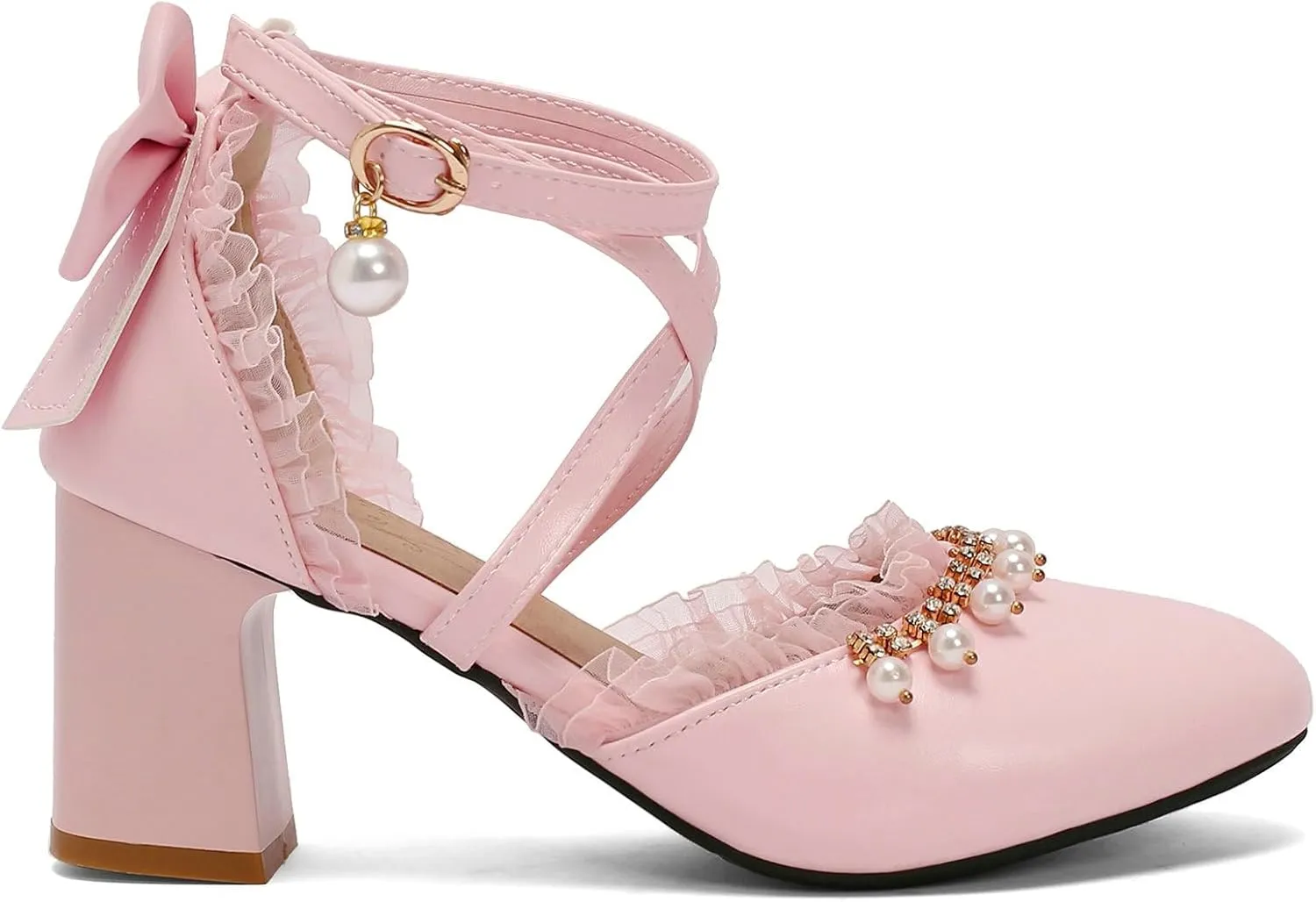 LUXMAX Womens Bow Pumps Cross Strap Block Heel Cute Cosplay Shoes