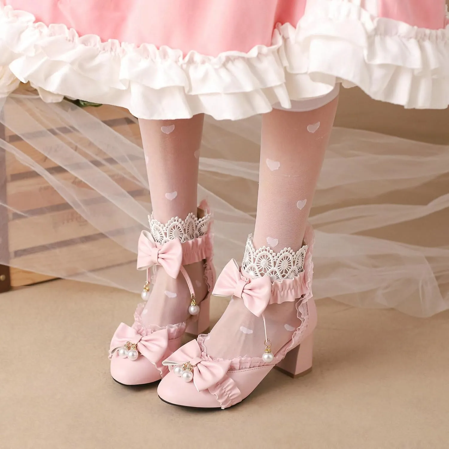 LUXMAX Womens Bow Pumps Cross Strap Block Heel Cute Cosplay Shoes