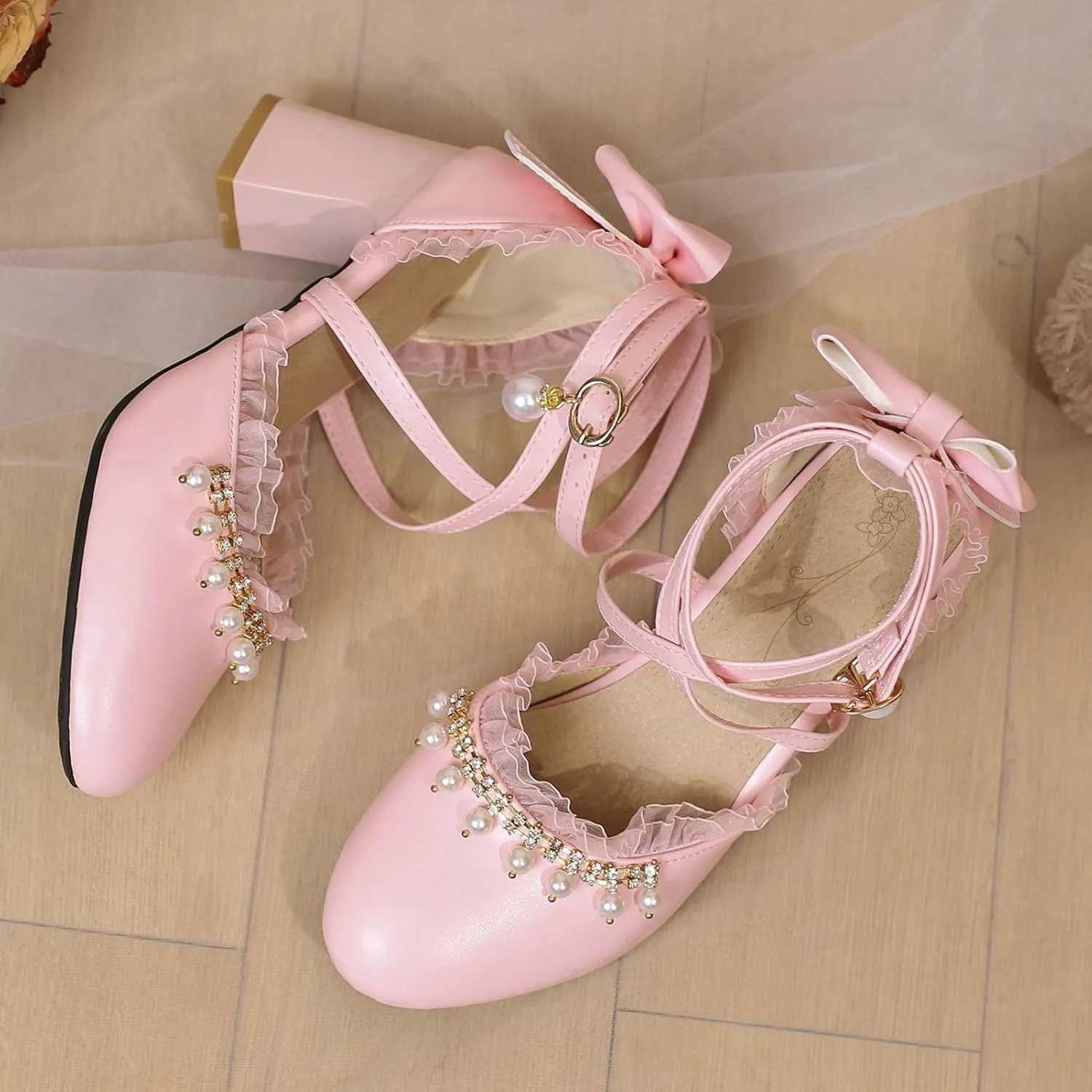 LUXMAX Womens Bow Pumps Cross Strap Block Heel Cute Cosplay Shoes