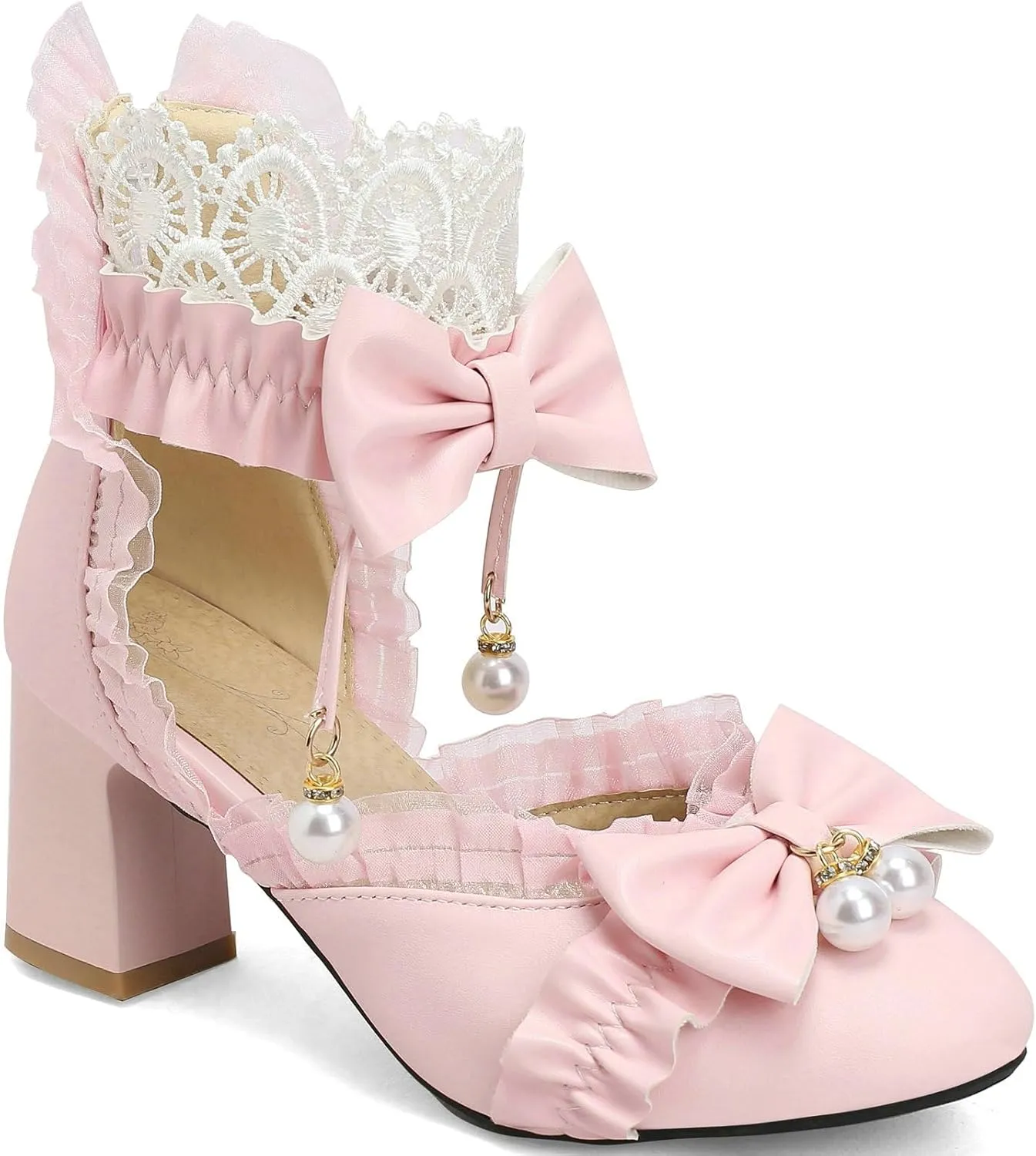 LUXMAX Womens Bow Pumps Cross Strap Block Heel Cute Cosplay Shoes
