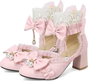LUXMAX Womens Bow Pumps Cross Strap Block Heel Cute Cosplay Shoes