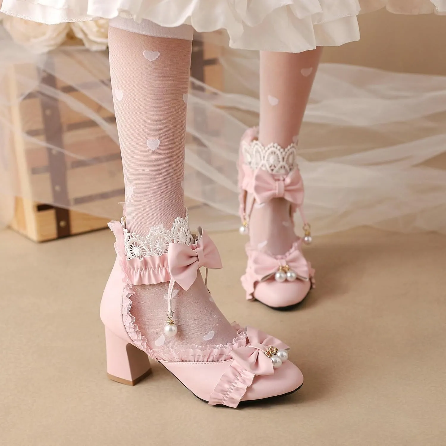 LUXMAX Womens Bow Pumps Cross Strap Block Heel Cute Cosplay Shoes