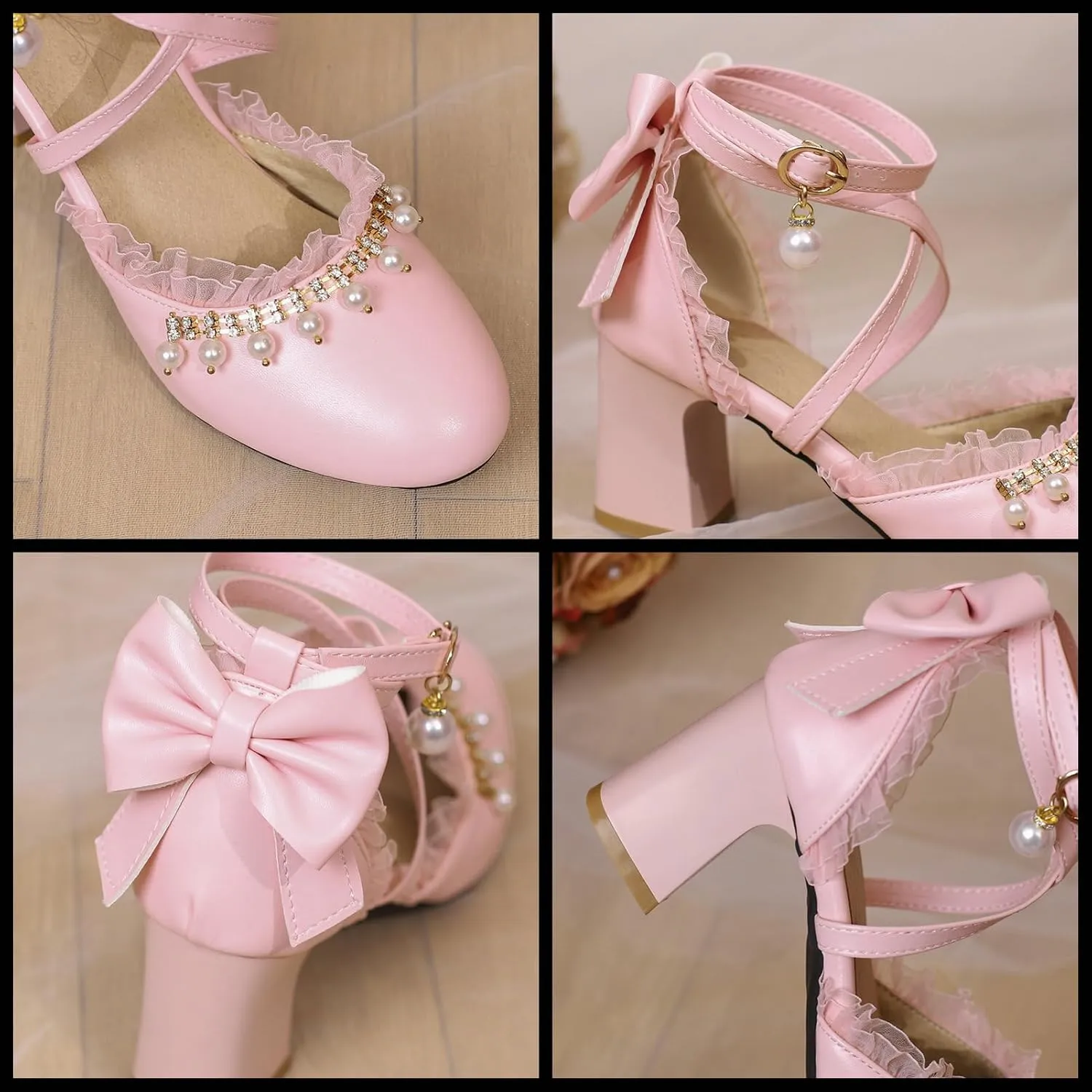 LUXMAX Womens Bow Pumps Cross Strap Block Heel Cute Cosplay Shoes