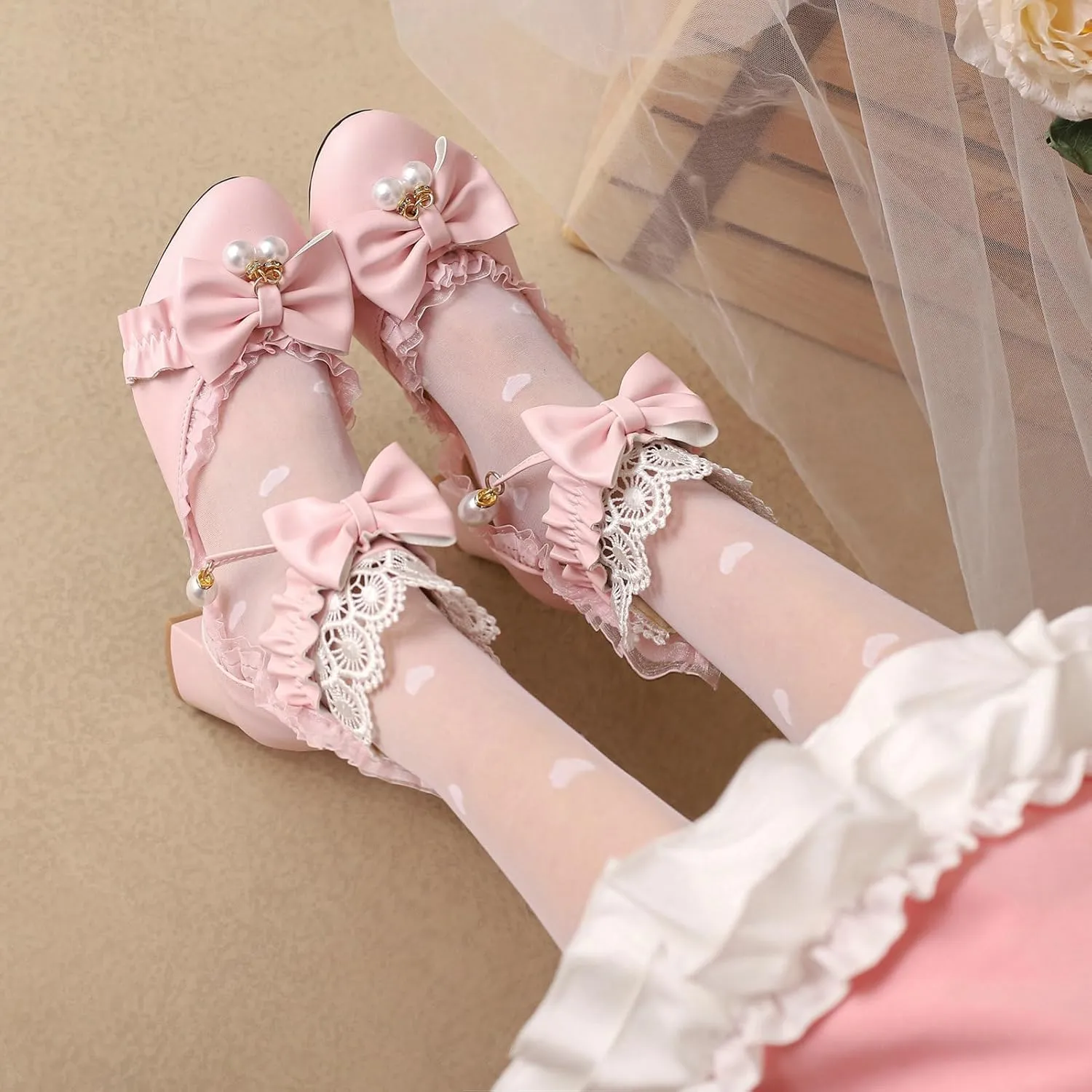 LUXMAX Womens Bow Pumps Cross Strap Block Heel Cute Cosplay Shoes