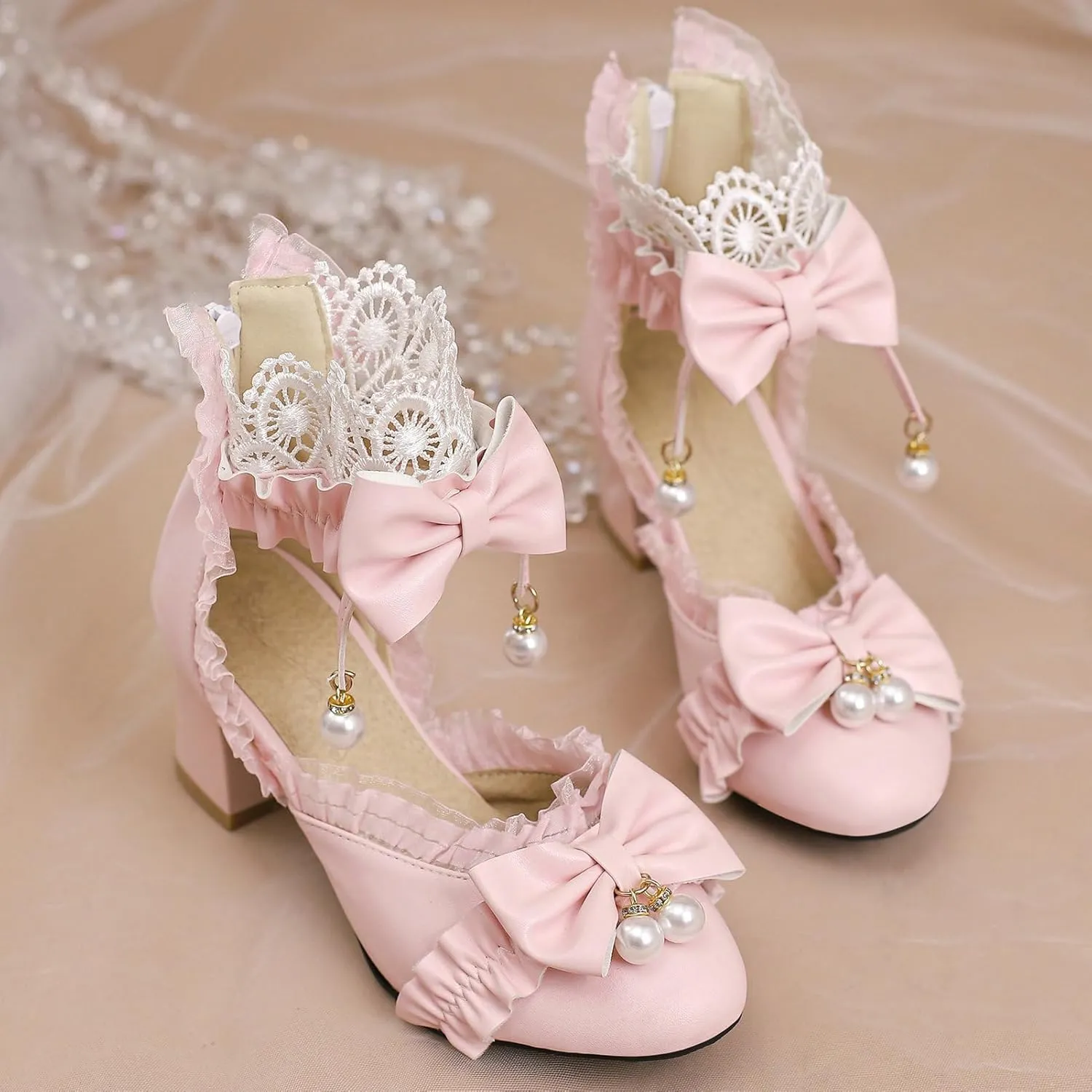 LUXMAX Womens Bow Pumps Cross Strap Block Heel Cute Cosplay Shoes