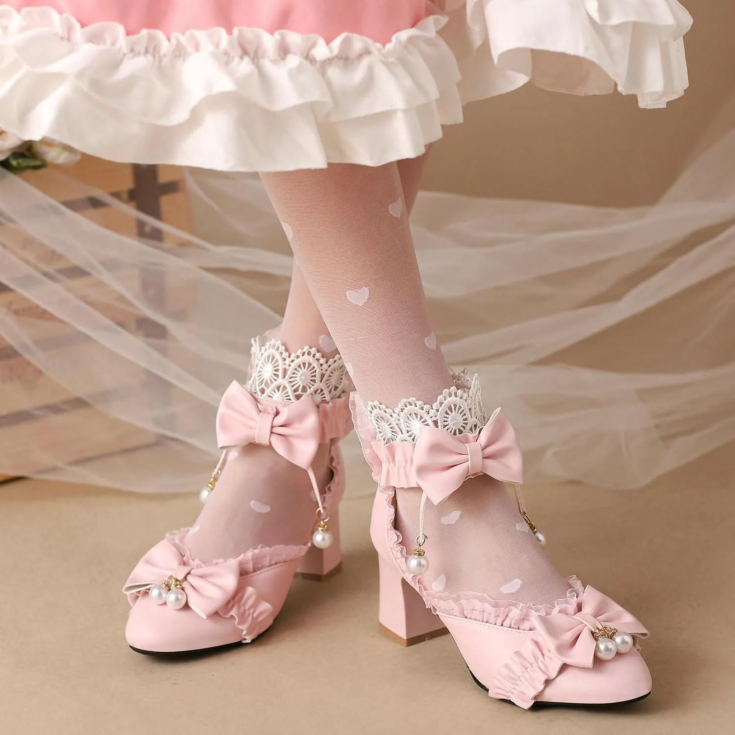 LUXMAX Womens Bow Pumps Cross Strap Block Heel Cute Cosplay Shoes