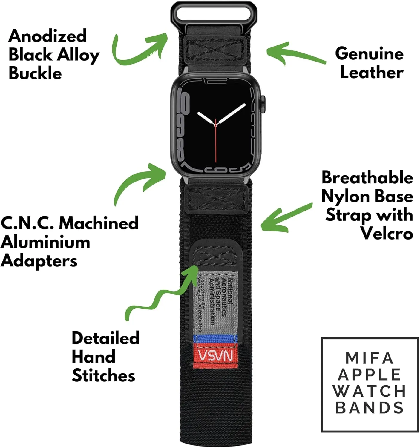 Made for Apple Watch Band, NASA Licensed Rugged Nylon Leather Sports Strap With Woven Loop Design For iWatch Ultra 2/1 49mm/46mm/45mm/44mm Tough Tactical Replacement Band For Series 10/9/SE