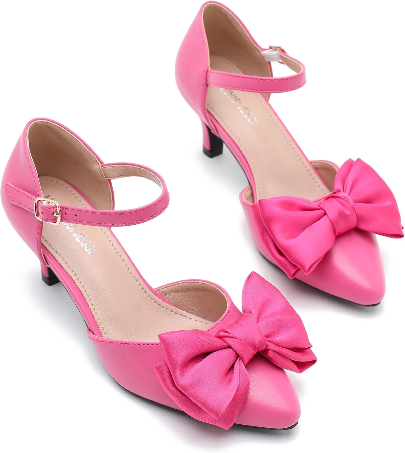 MAIERNISI JESSI Women's Bow Heels Closed Toe Kitten Heel Ankle Strap Dressy Wedding Pumps