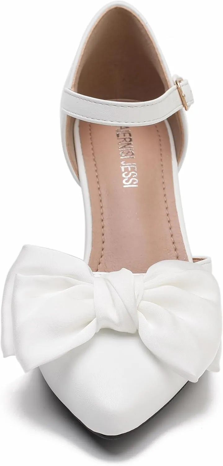MAIERNISI JESSI Women's Bow Heels Closed Toe Kitten Heel Ankle Strap Dressy Wedding Pumps