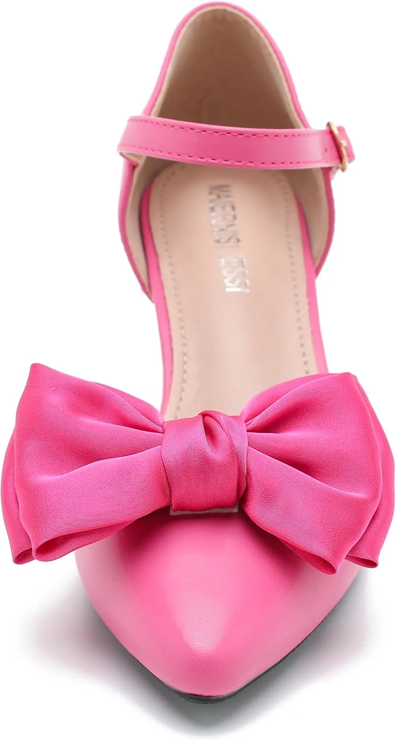 MAIERNISI JESSI Women's Bow Heels Closed Toe Kitten Heel Ankle Strap Dressy Wedding Pumps