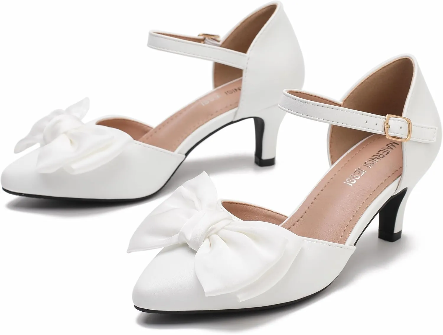 MAIERNISI JESSI Women's Bow Heels Closed Toe Kitten Heel Ankle Strap Dressy Wedding Pumps