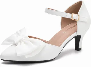 MAIERNISI JESSI Women's Bow Heels Closed Toe Kitten Heel Ankle Strap Dressy Wedding Pumps