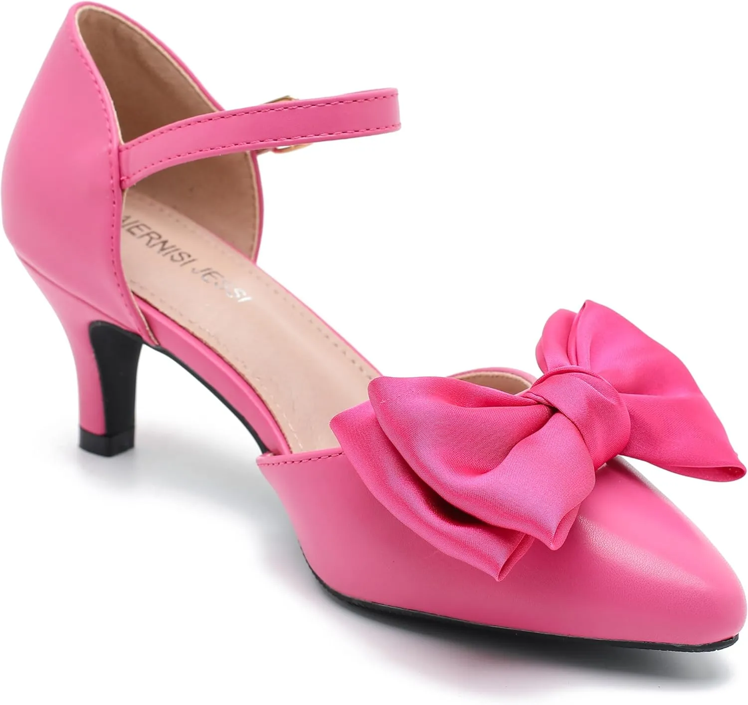 MAIERNISI JESSI Women's Bow Heels Closed Toe Kitten Heel Ankle Strap Dressy Wedding Pumps