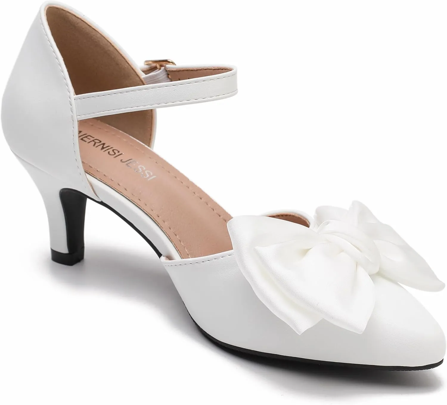 MAIERNISI JESSI Women's Bow Heels Closed Toe Kitten Heel Ankle Strap Dressy Wedding Pumps