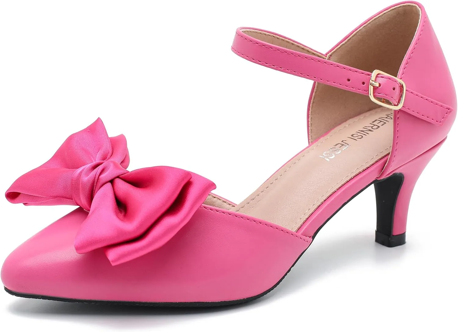 MAIERNISI JESSI Women's Bow Heels Closed Toe Kitten Heel Ankle Strap Dressy Wedding Pumps