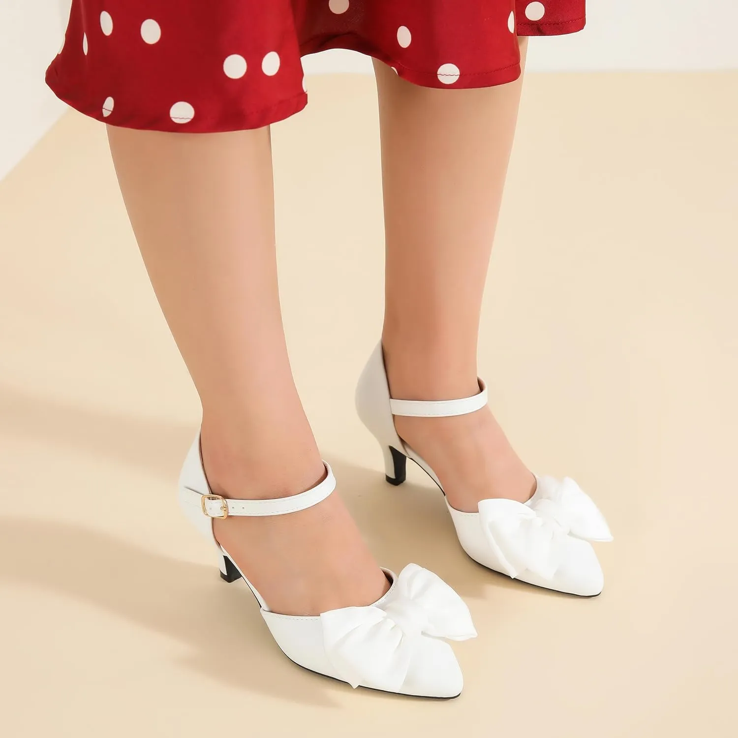 MAIERNISI JESSI Women's Bow Heels Closed Toe Kitten Heel Ankle Strap Dressy Wedding Pumps