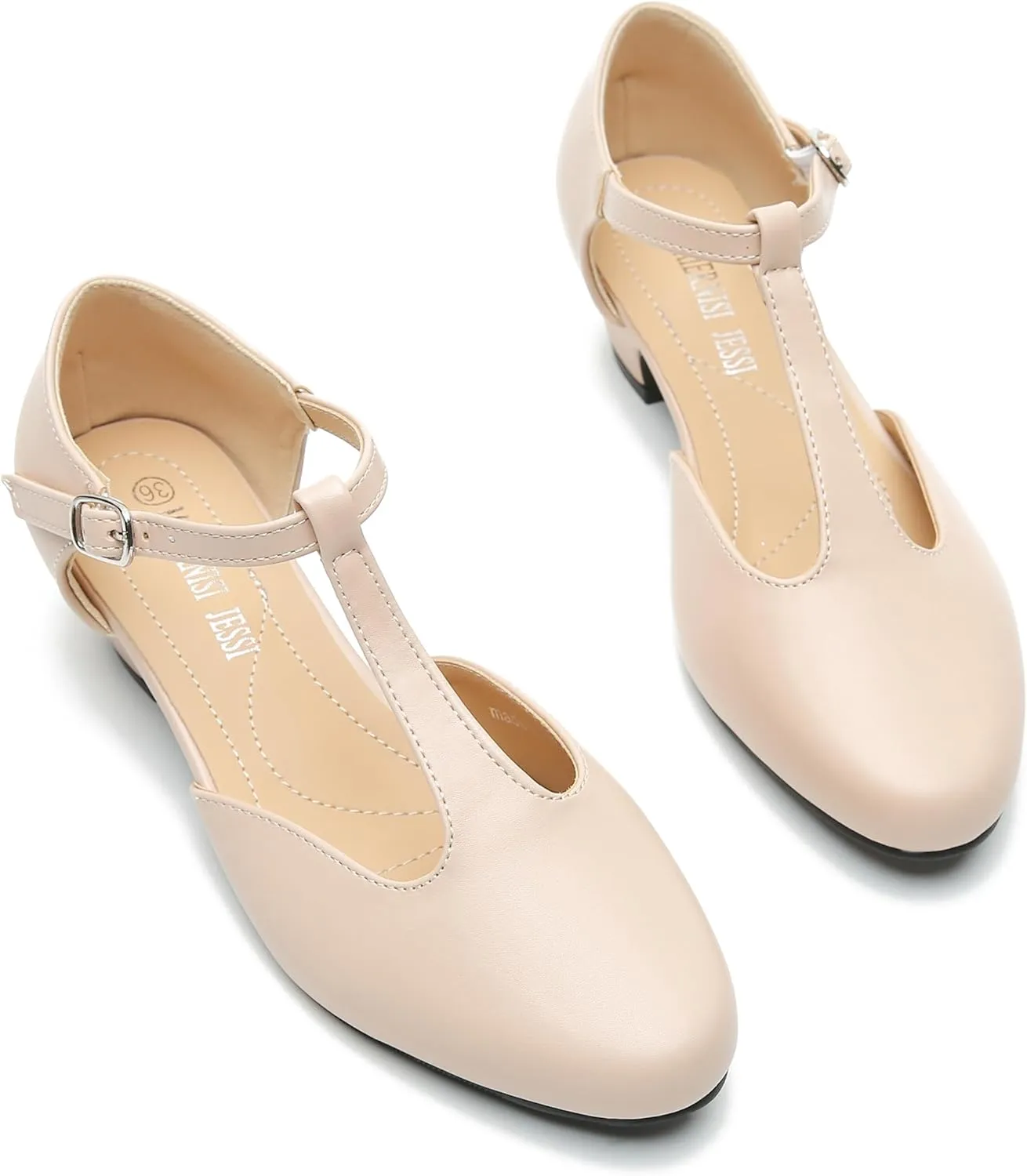 MAIERNISI JESSI Women's T-Strap Low Chunky Heel Mary Jane Pumps Cut Out Wedding Dress Shoes