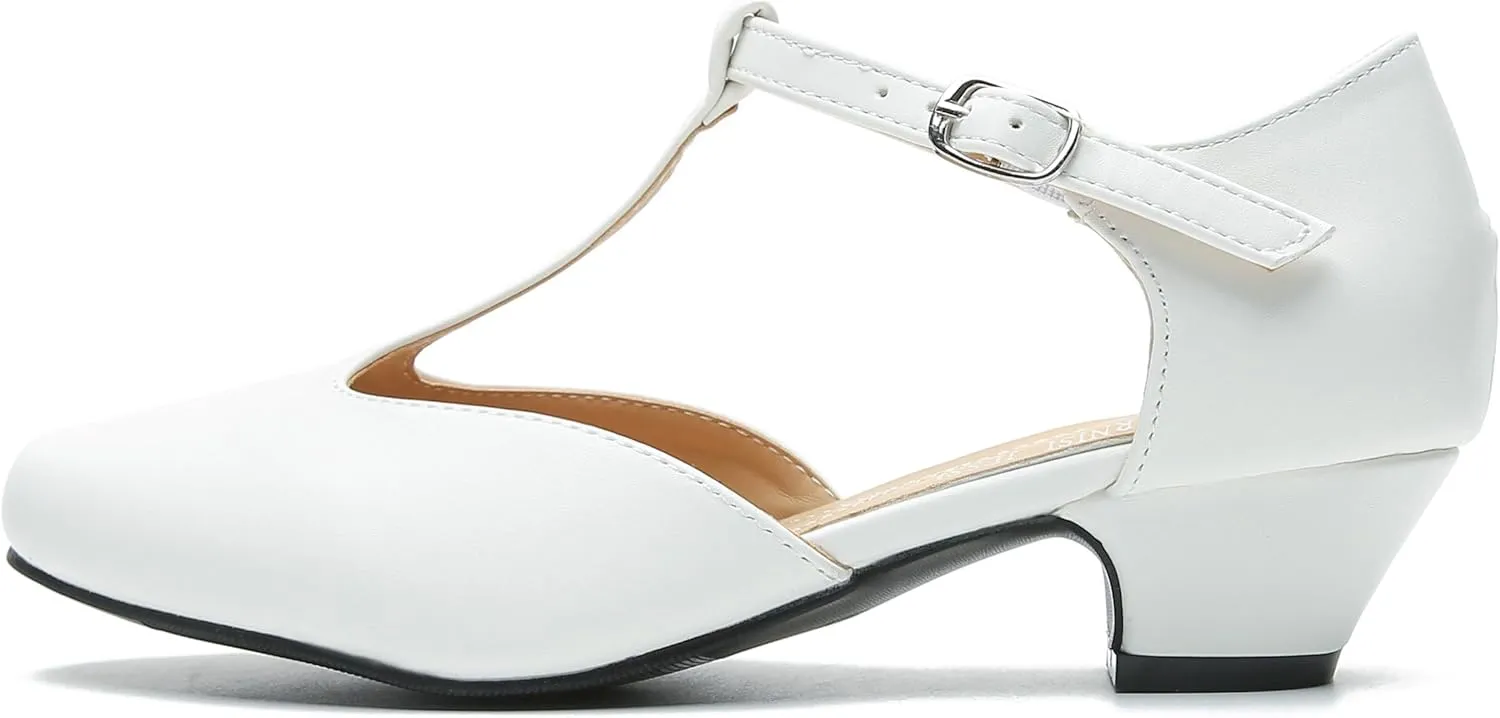 MAIERNISI JESSI Women's T-Strap Low Chunky Heel Mary Jane Pumps Cut Out Wedding Dress Shoes