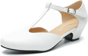 MAIERNISI JESSI Women's T-Strap Low Chunky Heel Mary Jane Pumps Cut Out Wedding Dress Shoes