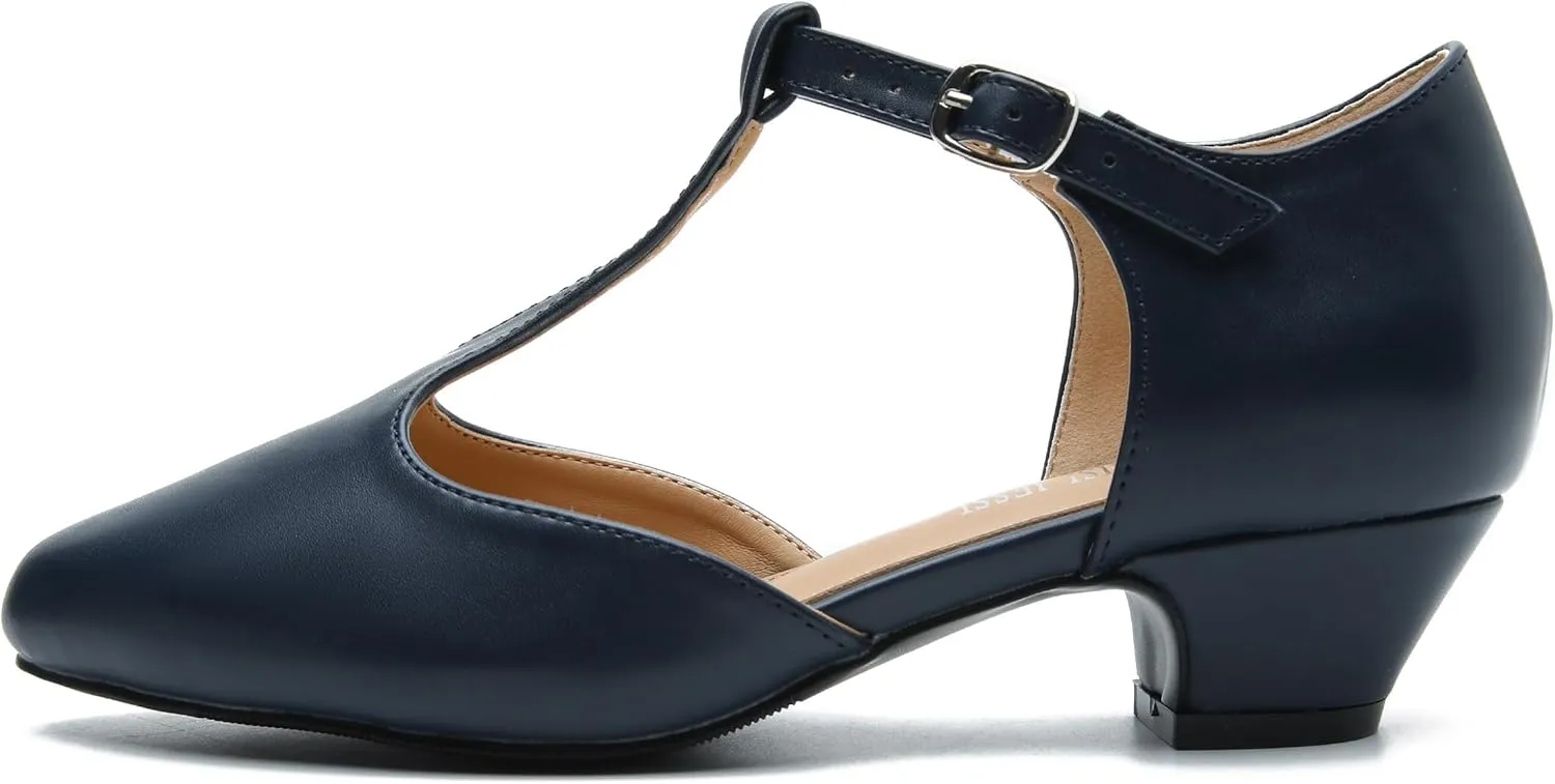 MAIERNISI JESSI Women's T-Strap Low Chunky Heel Mary Jane Pumps Cut Out Wedding Dress Shoes