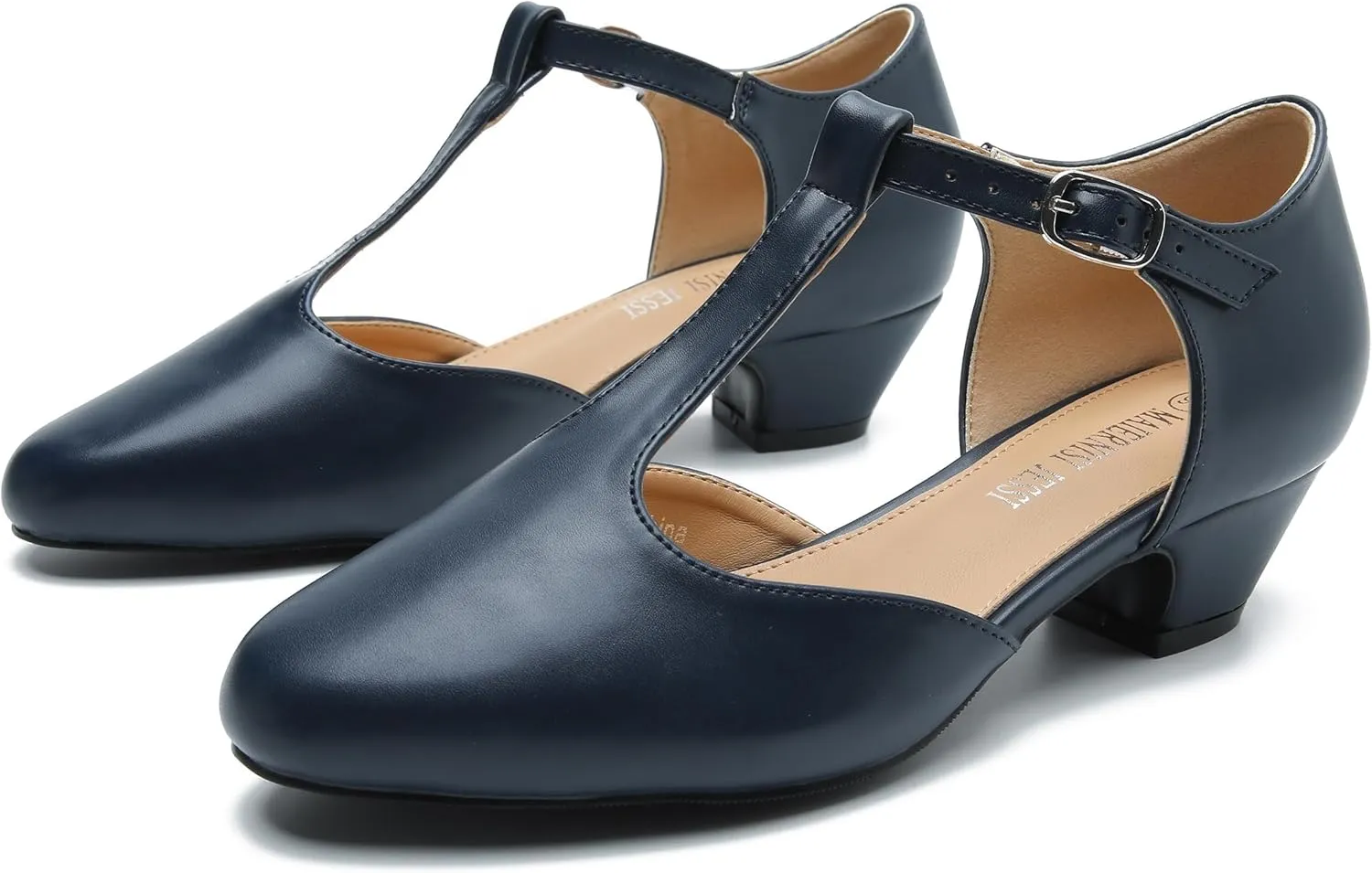 MAIERNISI JESSI Women's T-Strap Low Chunky Heel Mary Jane Pumps Cut Out Wedding Dress Shoes