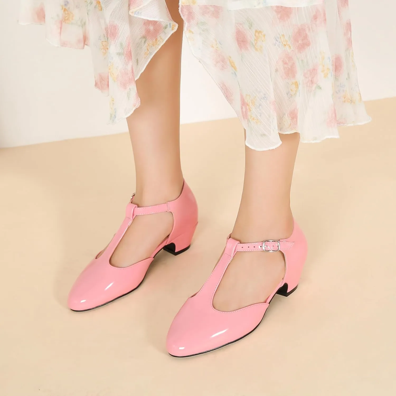 MAIERNISI JESSI Women's T-Strap Low Chunky Heel Mary Jane Pumps Cut Out Wedding Dress Shoes